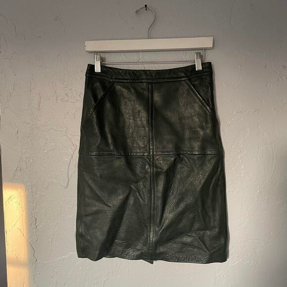 Forest Green Leather Yigal Azrouël Pencil skirt Dark Academia SOFT Lambskin sz s - Picture 2 of 6